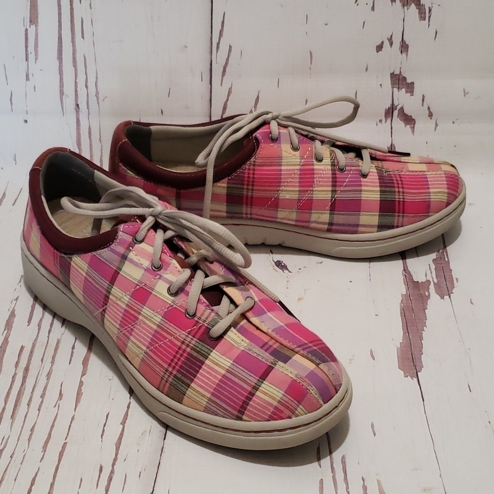 DANSKO Brandi Pink Plaid Madras Sneakers Fabric Lace Up Women's EUR 40
